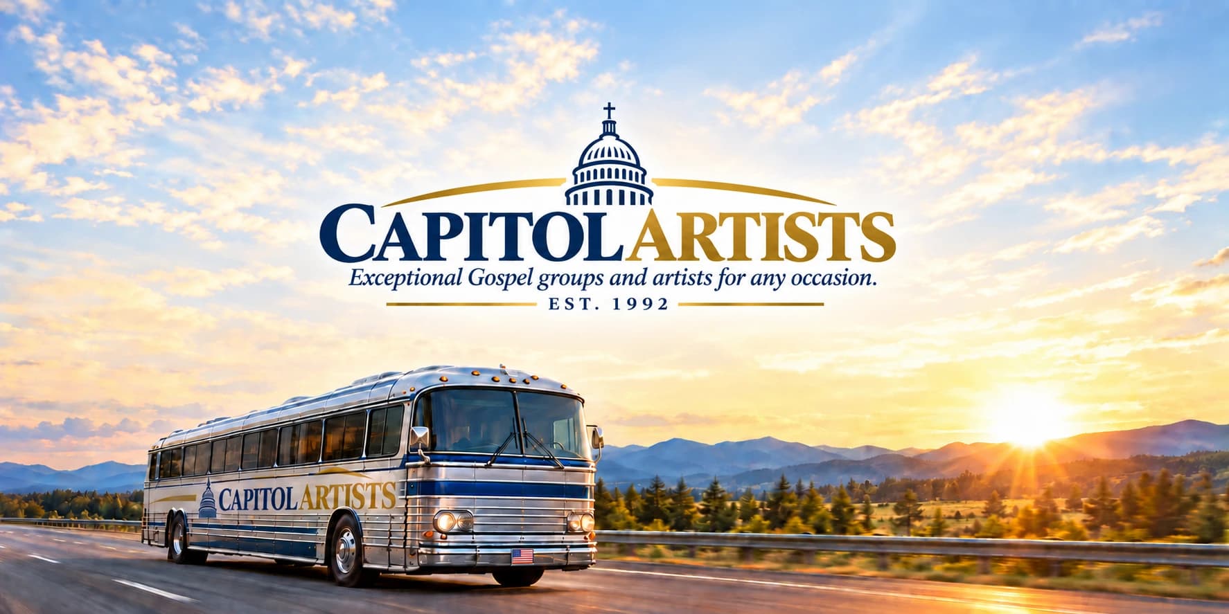 Capitol Artists tour bus at sunset beneath the Capitol dome and cross logo.